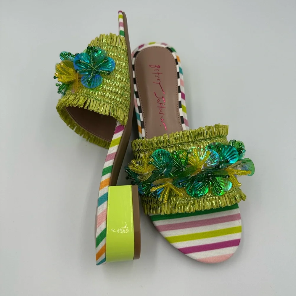 Betsey Johnson PEYTEN Beaded Butterfly Sandals 5.5M Striped Heels new in box